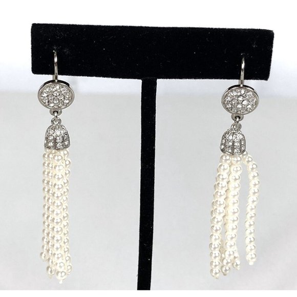 Faux Pearl Drop Dangle Pave Stones Pierced Earrings Lever Back Closure - Picture 5 of 7